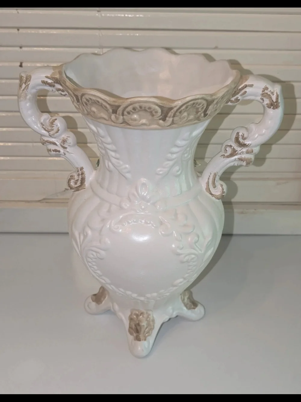 Capodimonte White Floral Embossed Two-Handle Decorative Vase